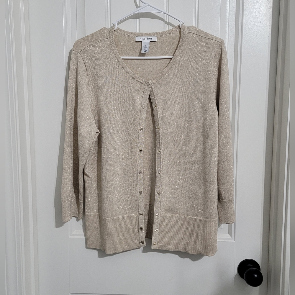 White house black market womens cream and gold snap front rayon sweater? size L